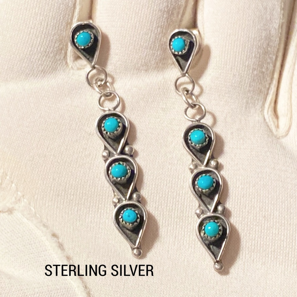 Zuni Paul Davis Sterling Silver Turquoise Petit Point Snake Eyes Dangle Earrings